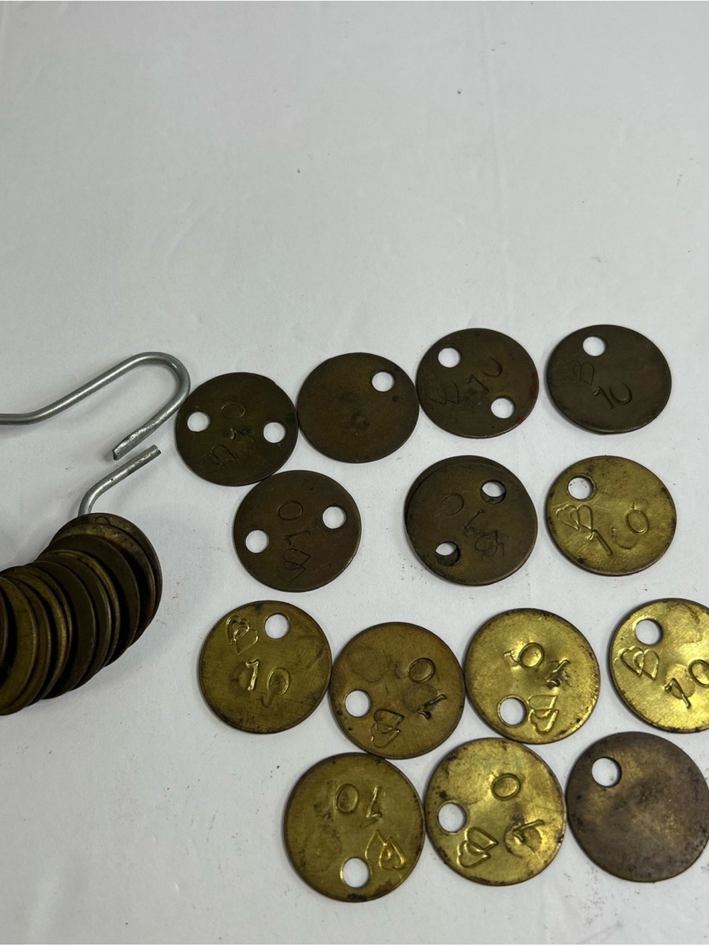 Antique brass coal miners time tags 34 lot